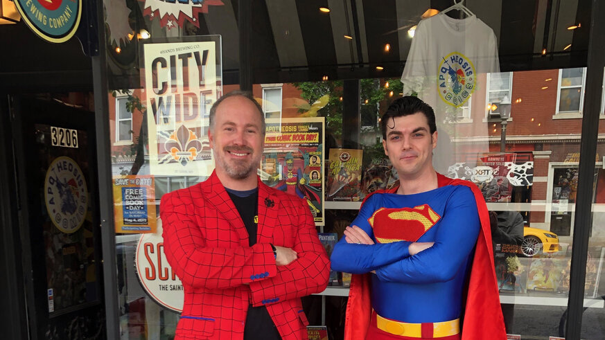 Martin Casas with Superman outside comic store