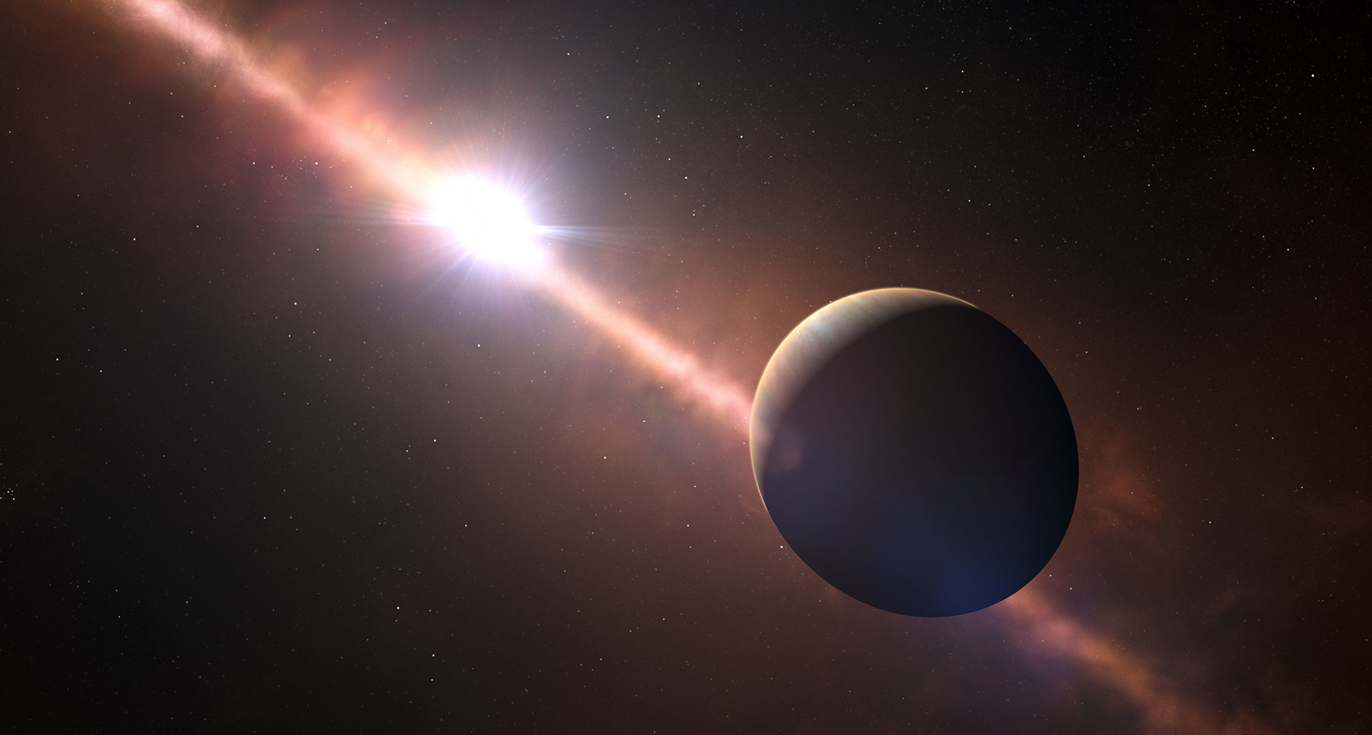 Artwork depicting the exoplanet Beta Pictoris b, showing the planet-forming debris disk around the star. The planet is flattened due to its rapid rotation. Credit: ESO L. Calçada/N. Risinger (skysurvey.org)