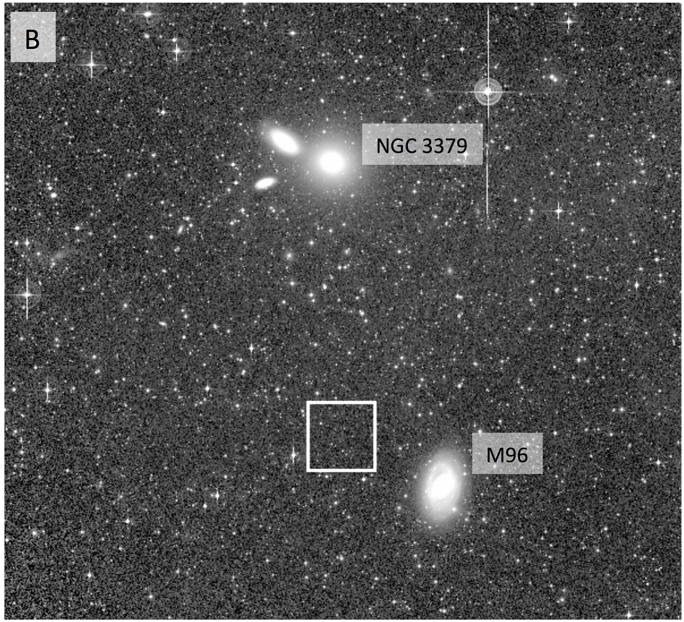 An image of the nearby Leo I galaxy group show several obvious galaxies, but also a faint smear of light (outlined) that may be a previously undiscovered galaxy. Credit: Mihos et al. 