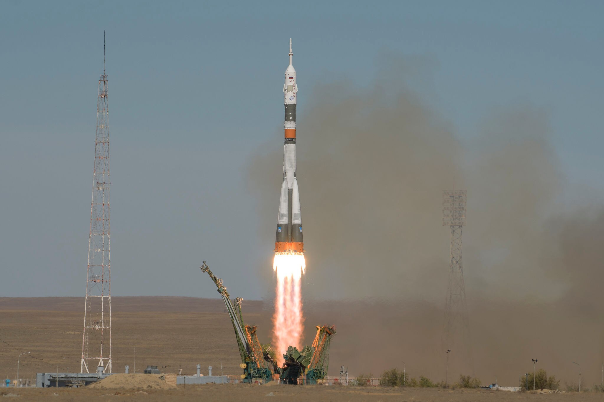 The launch of the Russian Soyuz rocket with two humans on board bound for the ISS on October 11, 2018. Two minutes into the flight a rocket failure forced the emergency landing of the capsule and crew. Credit: NASA/Bill Ingalls