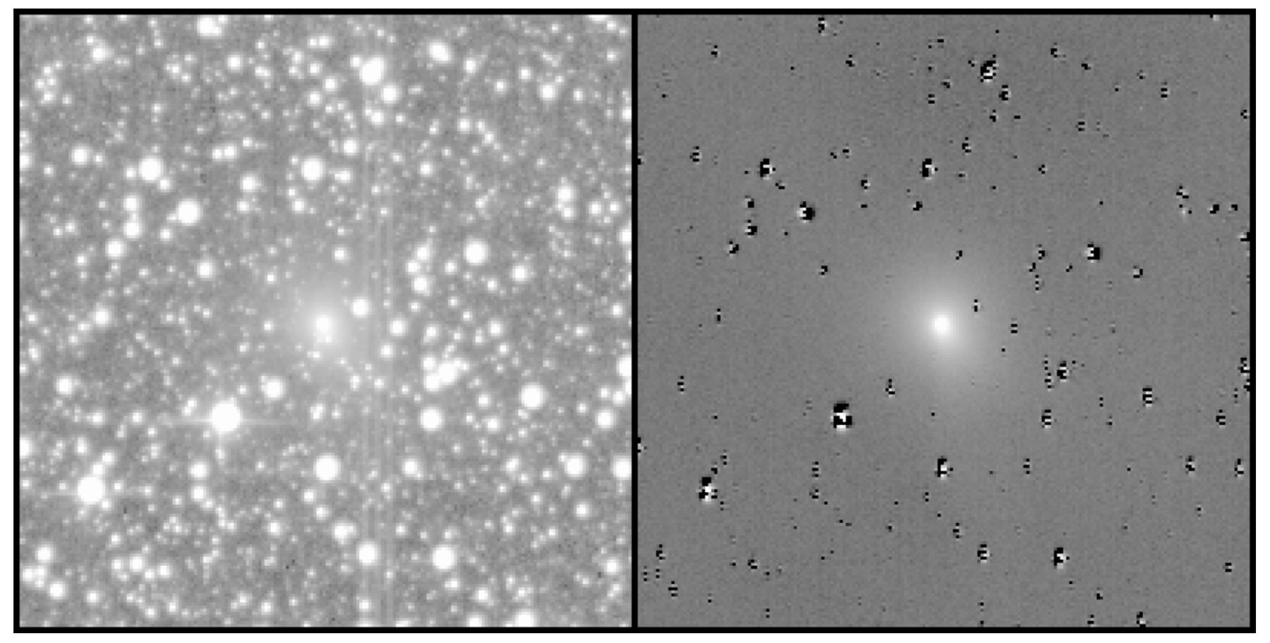 Two images show data from TESS (left) including the comet and stars, and then processed (right) with the stars removed to show the comet more clearly. Credit: Farnham et al.