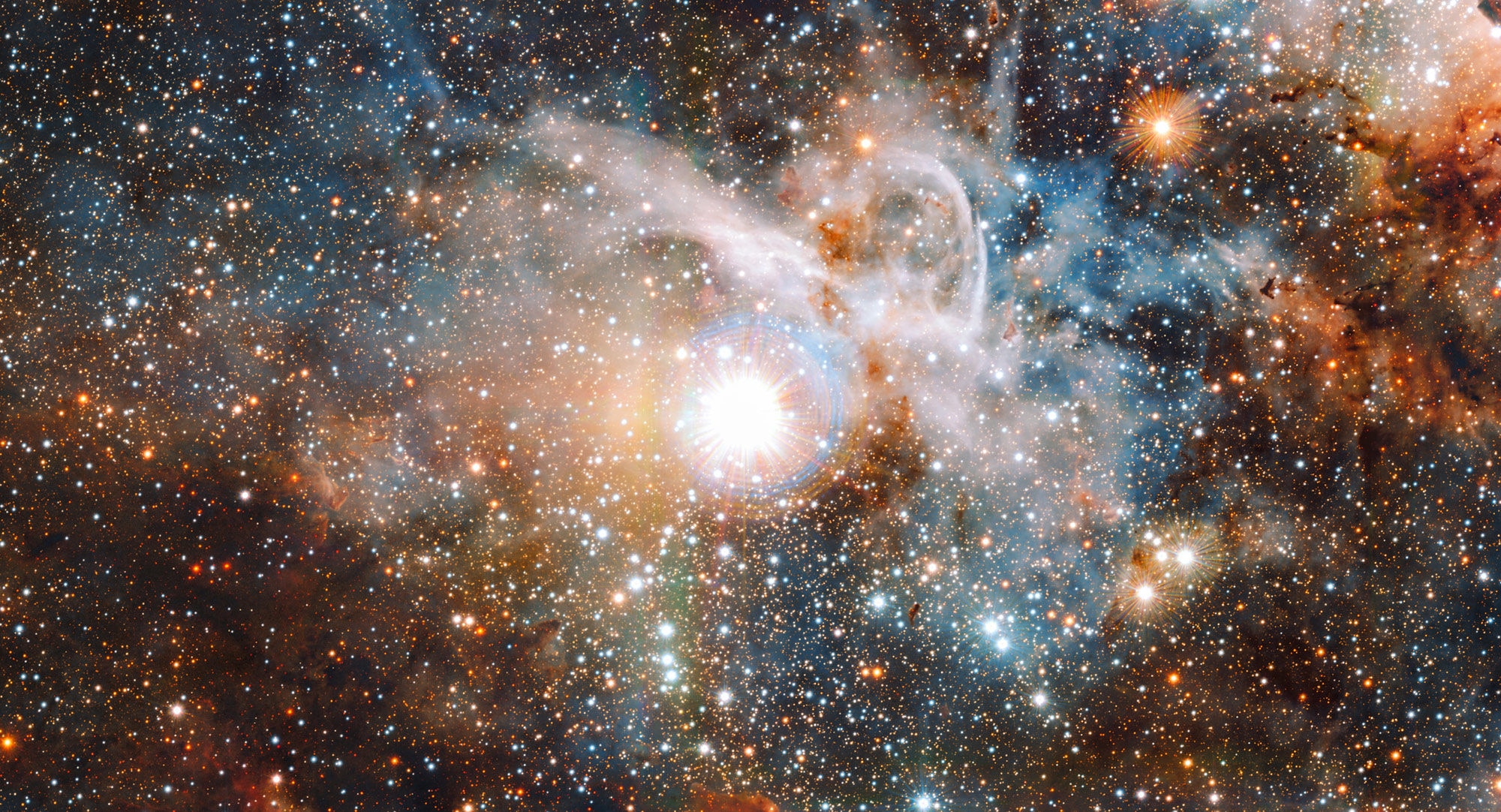 The Carina Nebula, a huge star-forming complex, seen here in the infrared by the Very Large Telescope Survey Telescope. Credit: ESO/J. Emerson/M. Irwin/J. Lewis
