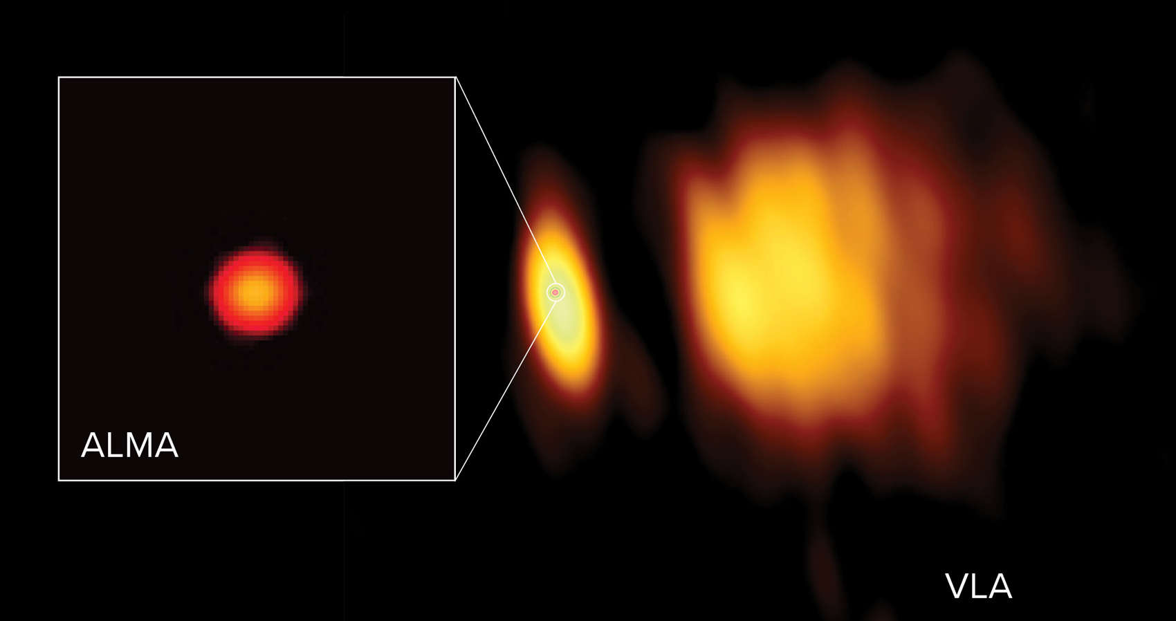 A radio image of Antares using ALMA (left) shows the star’s immense chromosphere, and then shows that in comparison to observations with VLA (right) that show the wind blowing from the star. The material on the right is lit by the binary companion star to