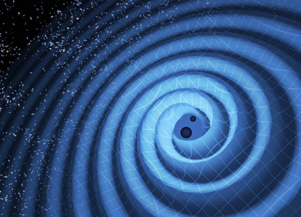 Artwork depicting gravitational waves, ripples in spacetime, generated as two black holes spiral into each other. Credit: LIGO / T. Pyle
