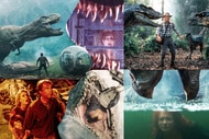 A collage featuring stills from every Jurassic Park movie.