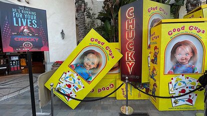 A photo op at the Chucky activation at Halloween Horror Nights 2023 at Universal Studios Hollywood.